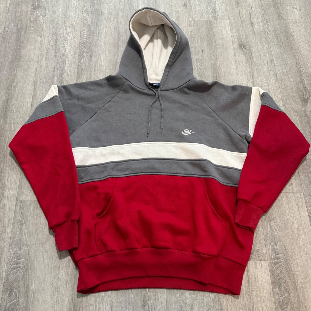 Vintage 80's Nike Colorblock Hoodie Mens XL Grey Red White Pullover Sweatshirt